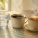 Vaso de agua junto a una taza de café y una taza de té caliente sobre una mesa iluminada por luz natural.