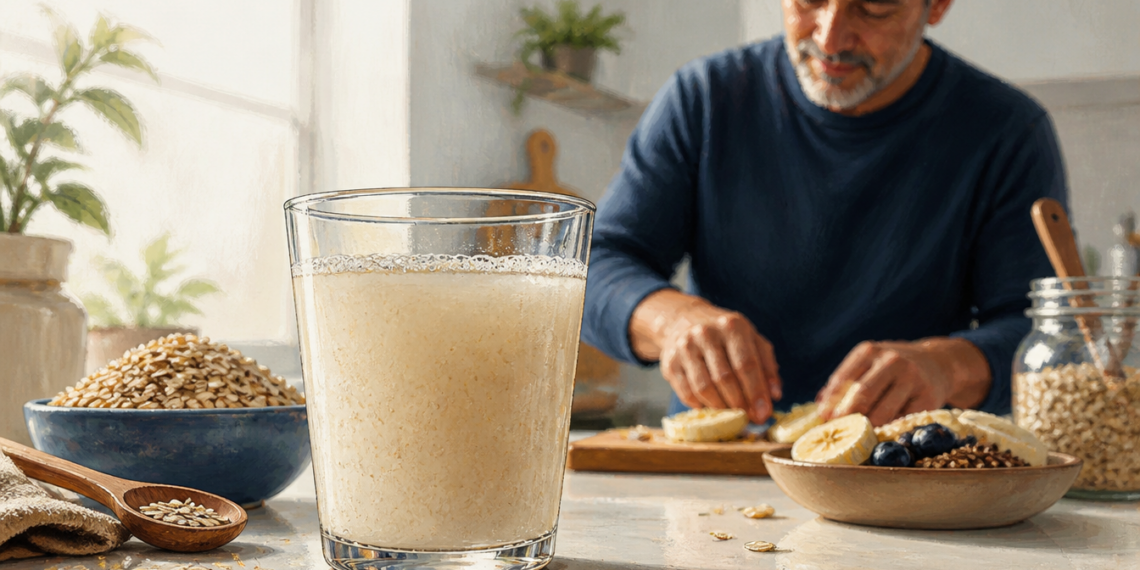 Vaso de agua de avena sobre una mesa junto a copos de avena, un cuenco con plátano y arándanos y un hombre preparando el desayuno.