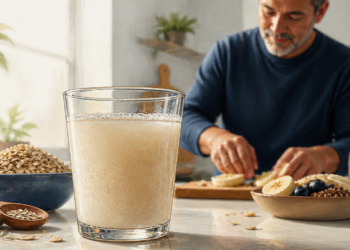 Vaso de agua de avena sobre una mesa junto a copos de avena, un cuenco con plátano y arándanos y un hombre preparando el desayuno.