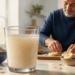 Vaso de agua de avena sobre una mesa junto a copos de avena, un cuenco con plátano y arándanos y un hombre preparando el desayuno.