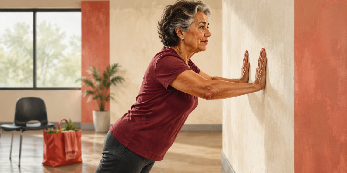 Mujer mayor realiza flexiones de brazos contra la pared, con las manos apoyadas y el cuerpo inclinado hacia delante.