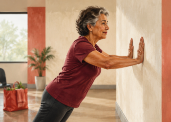 Mujer mayor realiza flexiones de brazos contra la pared, con las manos apoyadas y el cuerpo inclinado hacia delante.