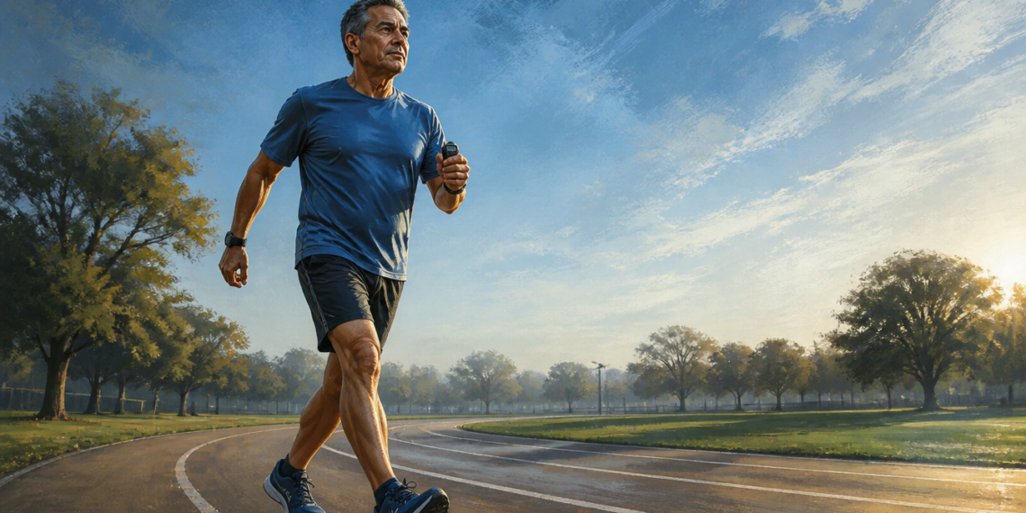 Hombre de mediana edad con ropa deportiva caminando rápidamente sobre una pista de atletismo al aire libre, sosteniendo un cronómetro y disfrutando de una mañana soleada.