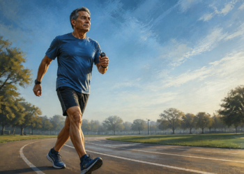 Hombre de mediana edad con ropa deportiva caminando rápidamente sobre una pista de atletismo al aire libre, sosteniendo un cronómetro y disfrutando de una mañana soleada.