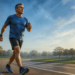Hombre de mediana edad con ropa deportiva caminando rápidamente sobre una pista de atletismo al aire libre, sosteniendo un cronómetro y disfrutando de una mañana soleada.