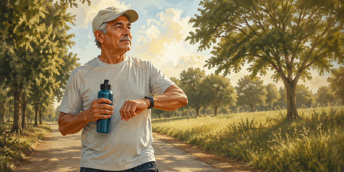 Hombre mayor caminando al aire libre en un parque con una botella de agua y un reloj deportivo, durante una jornada soleada, relacionado con el ejercicio físico y las precauciones al entrenar con calor después de los 60 años.