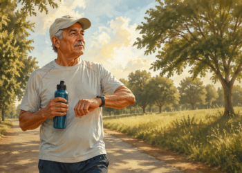 Hombre mayor caminando al aire libre en un parque con una botella de agua y un reloj deportivo, durante una jornada soleada, relacionado con el ejercicio físico y las precauciones al entrenar con calor después de los 60 años.