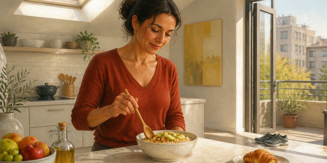 Mujer de mediana edad prepara un bol de comida saludable en una cocina luminosa, con fruta, aceite de oliva y otros alimentos sobre la encimera.