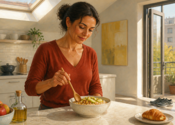 Mujer de mediana edad prepara un bol de comida saludable en una cocina luminosa, con fruta, aceite de oliva y otros alimentos sobre la encimera.