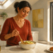 Mujer de mediana edad prepara un bol de comida saludable en una cocina luminosa, con fruta, aceite de oliva y otros alimentos sobre la encimera.