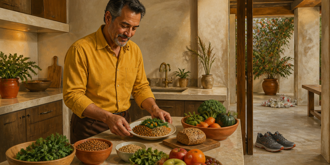 Hombre de mediana edad prepara un plato con legumbres, verduras y cereales integrales sobre la encimera de una cocina luminosa.