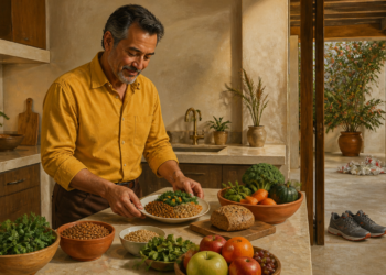 Hombre de mediana edad prepara un plato con legumbres, verduras y cereales integrales sobre la encimera de una cocina luminosa.