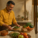 Hombre de mediana edad prepara un plato con legumbres, verduras y cereales integrales sobre la encimera de una cocina luminosa.