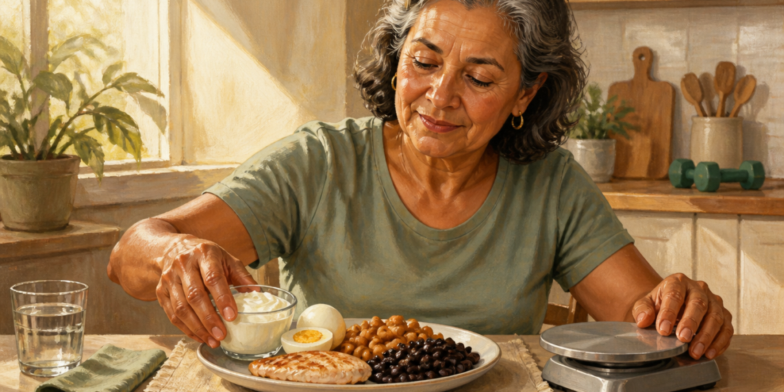 Mujer madura de cabello gris en una cocina, preparando un plato saludable con pollo, huevos, frijoles y yogur, usando una báscula de cocina para medir sus porciones.