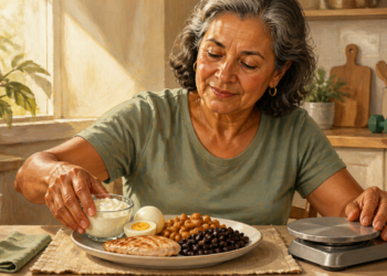 Mujer madura de cabello gris en una cocina, preparando un plato saludable con pollo, huevos, frijoles y yogur, usando una báscula de cocina para medir sus porciones.