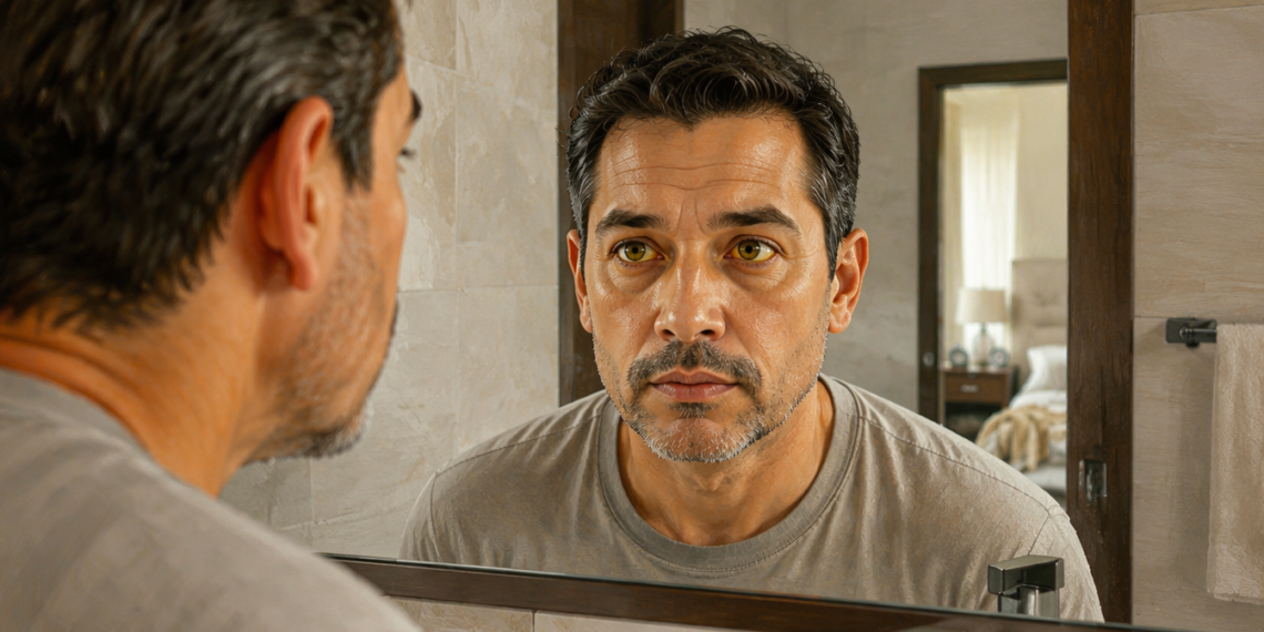 Hombre de mediana edad se observa en el espejo del baño con los ojos amarillentos y expresión seria.