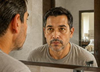 Hombre de mediana edad se observa en el espejo del baño con los ojos amarillentos y expresión seria.