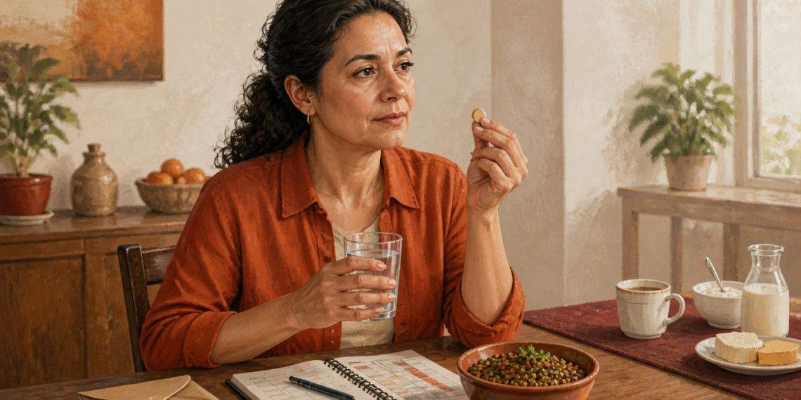 Mujer de mediana edad sostiene una pastilla y un vaso de agua junto a un cuaderno, un plato de lentejas y varios alimentos sobre la mesa.