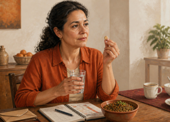 Mujer de mediana edad sostiene una pastilla y un vaso de agua junto a un cuaderno, un plato de lentejas y varios alimentos sobre la mesa.