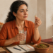 Mujer de mediana edad sostiene una pastilla y un vaso de agua junto a un cuaderno, un plato de lentejas y varios alimentos sobre la mesa.