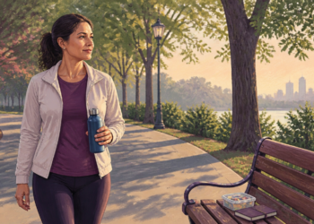 Mujer de mediana edad camina por un parque junto a un lago mientras sostiene una botella de agua; en un banco cercano hay un recipiente con comida y un cuaderno.