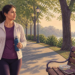 Mujer de mediana edad camina por un parque junto a un lago mientras sostiene una botella de agua; en un banco cercano hay un recipiente con comida y un cuaderno.