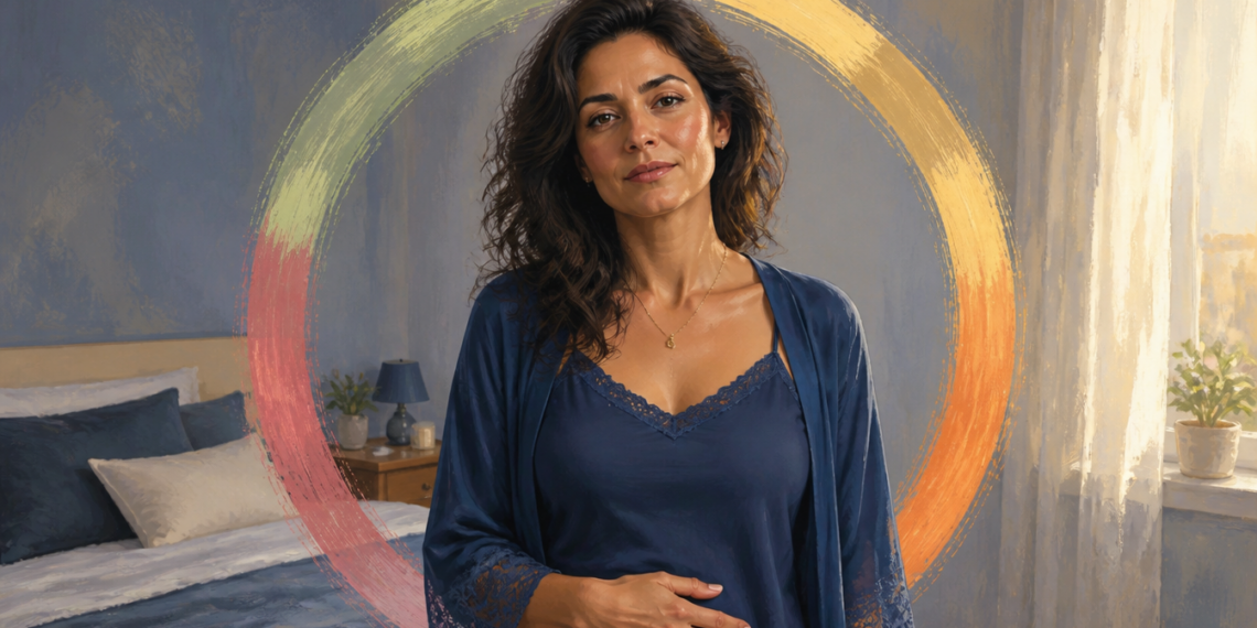 Mujer adulta de pie en un dormitorio con un gráfico circular de colores detrás de ella, representando las diferentes fases del ciclo menstrual y los cambios que experimenta el cuerpo.