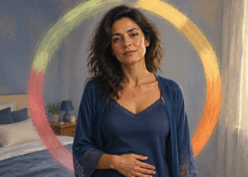 Mujer adulta de pie en un dormitorio con un gráfico circular de colores detrás de ella, representando las diferentes fases del ciclo menstrual y los cambios que experimenta el cuerpo.