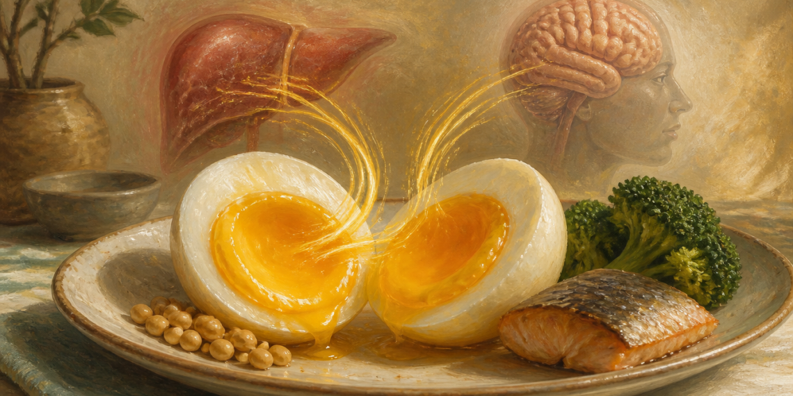 Ilustración de un huevo cocido abierto junto a pescado, brócoli y legumbres, con representaciones del hígado y el cerebro al fondo.