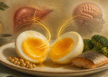 Ilustración de un huevo cocido abierto junto a pescado, brócoli y legumbres, con representaciones del hígado y el cerebro al fondo.