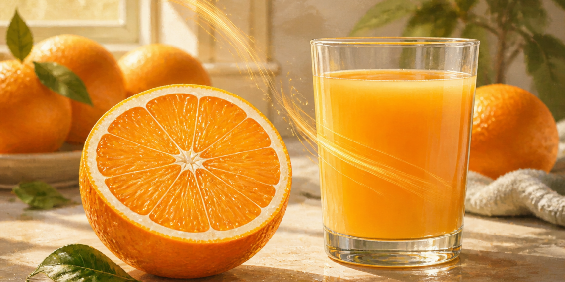 Media naranja fresca junto a un vaso de zumo de naranja, con varias naranjas enteras al fondo, en una comparación visual entre fruta entera y zumo.