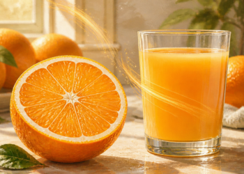 Media naranja fresca junto a un vaso de zumo de naranja, con varias naranjas enteras al fondo, en una comparación visual entre fruta entera y zumo.