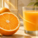 Media naranja fresca junto a un vaso de zumo de naranja, con varias naranjas enteras al fondo, en una comparación visual entre fruta entera y zumo.