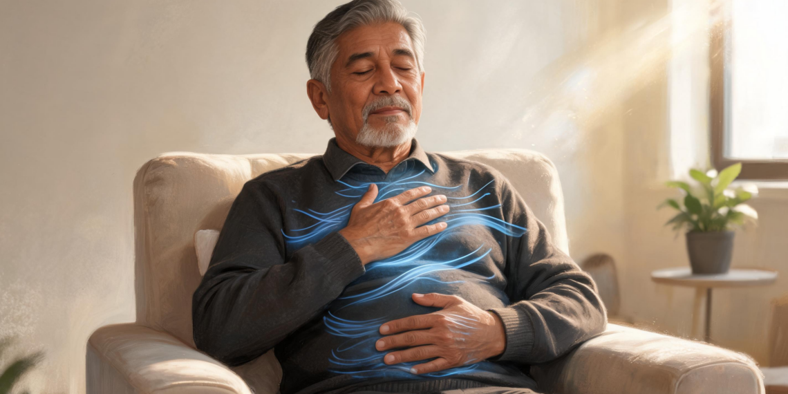 Un hombre mayor sentado en un sillón con los ojos cerrados, una mano en el pecho y otra en el abdomen, practicando ejercicios de respiración consciente en una sala iluminada.