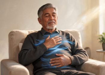 Un hombre mayor sentado en un sillón con los ojos cerrados, una mano en el pecho y otra en el abdomen, practicando ejercicios de respiración consciente en una sala iluminada.