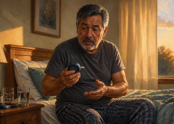 Un hombre maduro con pijama de cuadros está sentado en el borde de la cama mirando con expresión de sorpresa un glucómetro digital en su mano. A su lado, en una mesita de noche, hay un vaso de agua y un frasco de medicamento, mientras al fondo entra la luz dorada del amanecer por la ventana.