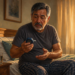 Un hombre maduro con pijama de cuadros está sentado en el borde de la cama mirando con expresión de sorpresa un glucómetro digital en su mano. A su lado, en una mesita de noche, hay un vaso de agua y un frasco de medicamento, mientras al fondo entra la luz dorada del amanecer por la ventana.