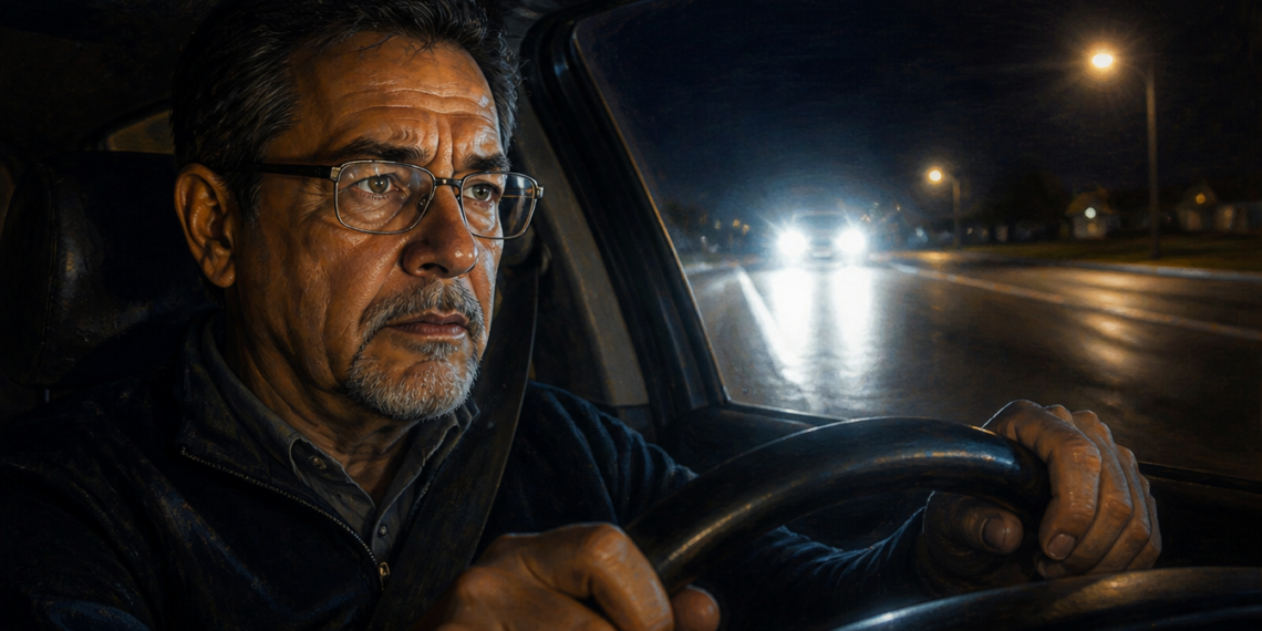 Un hombre maduro con gafas conduce un vehículo durante la noche, mirando atentamente hacia la carretera oscura donde se perciben las luces de otros coches a lo lejos.