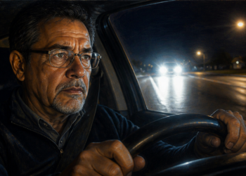 Un hombre maduro con gafas conduce un vehículo durante la noche, mirando atentamente hacia la carretera oscura donde se perciben las luces de otros coches a lo lejos.