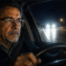 Un hombre maduro con gafas conduce un vehículo durante la noche, mirando atentamente hacia la carretera oscura donde se perciben las luces de otros coches a lo lejos.