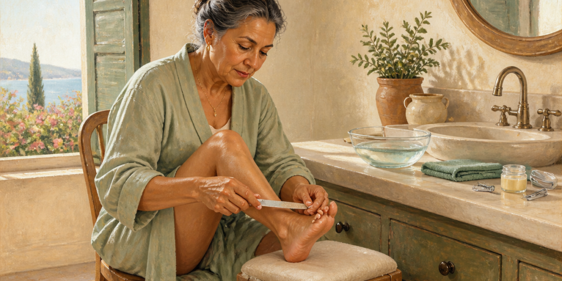Mujer madura sentada junto a un lavabo mientras lima las uñas de los pies, con un recipiente de agua, una toalla y utensilios de cuidado personal sobre la encimera.