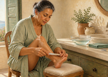 Mujer madura sentada junto a un lavabo mientras lima las uñas de los pies, con un recipiente de agua, una toalla y utensilios de cuidado personal sobre la encimera.