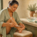 Mujer madura sentada junto a un lavabo mientras lima las uñas de los pies, con un recipiente de agua, una toalla y utensilios de cuidado personal sobre la encimera.