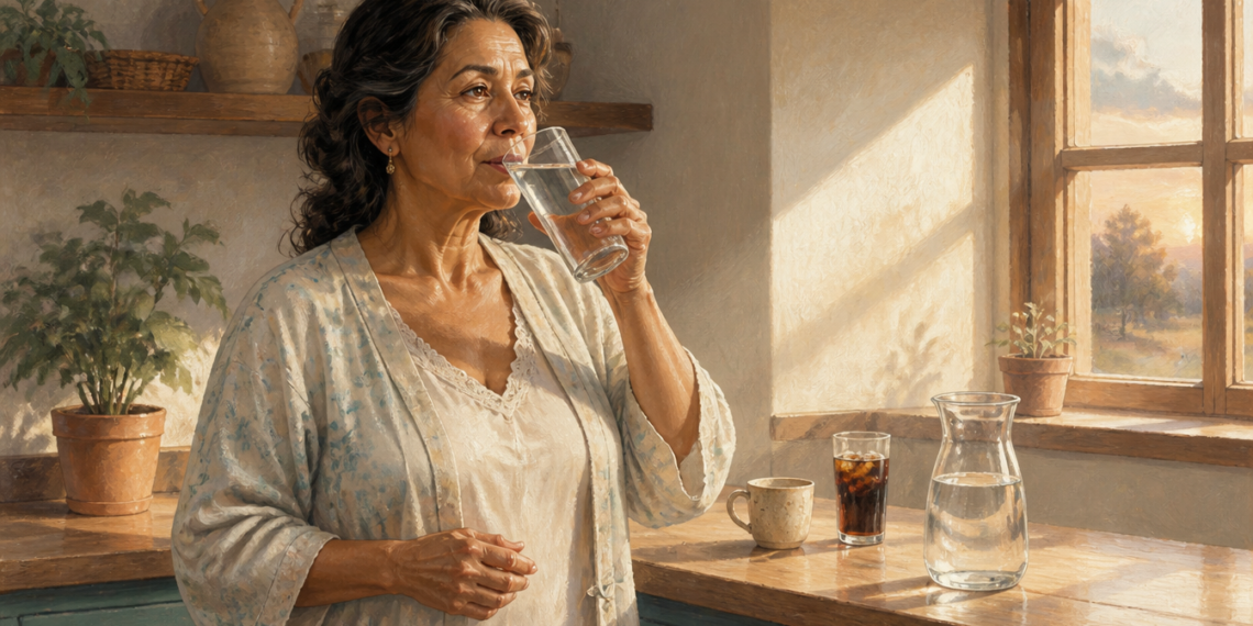 Mujer adulta bebe un vaso de agua en una cocina al amanecer, junto a una jarra, una taza y un vaso con bebida oscura.