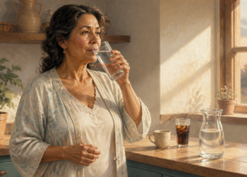 Mujer adulta bebe un vaso de agua en una cocina al amanecer, junto a una jarra, una taza y un vaso con bebida oscura.