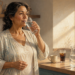Mujer adulta bebe un vaso de agua en una cocina al amanecer, junto a una jarra, una taza y un vaso con bebida oscura.