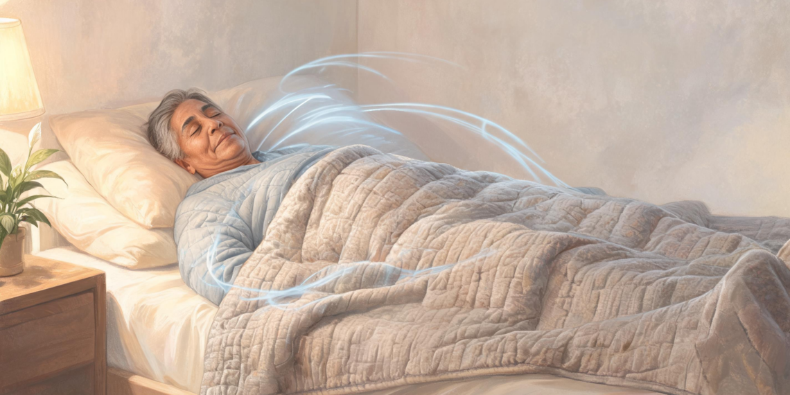 Una persona mayor de cabello gris durmiendo plácidamente en su cama, cubierta por una manta acolchada bajo un efecto de líneas de luz brillantes.