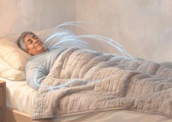 Una persona mayor de cabello gris durmiendo plácidamente en su cama, cubierta por una manta acolchada bajo un efecto de líneas de luz brillantes.