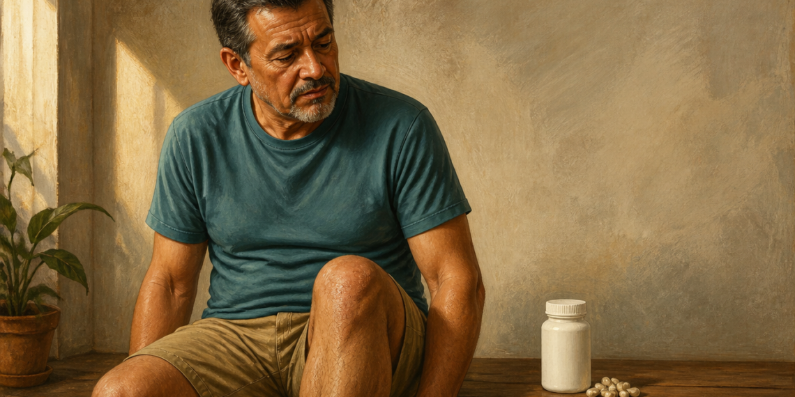 Hombre adulto sentado y observando su rodilla, con un frasco y varias cápsulas de suplemento sobre una superficie a su lado, en una escena relacionada con la glucosamina y la artrosis.