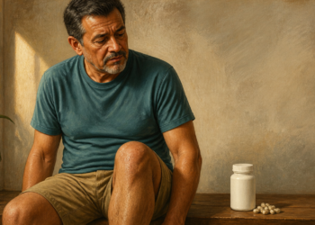 Hombre adulto sentado y observando su rodilla, con un frasco y varias cápsulas de suplemento sobre una superficie a su lado, en una escena relacionada con la glucosamina y la artrosis.